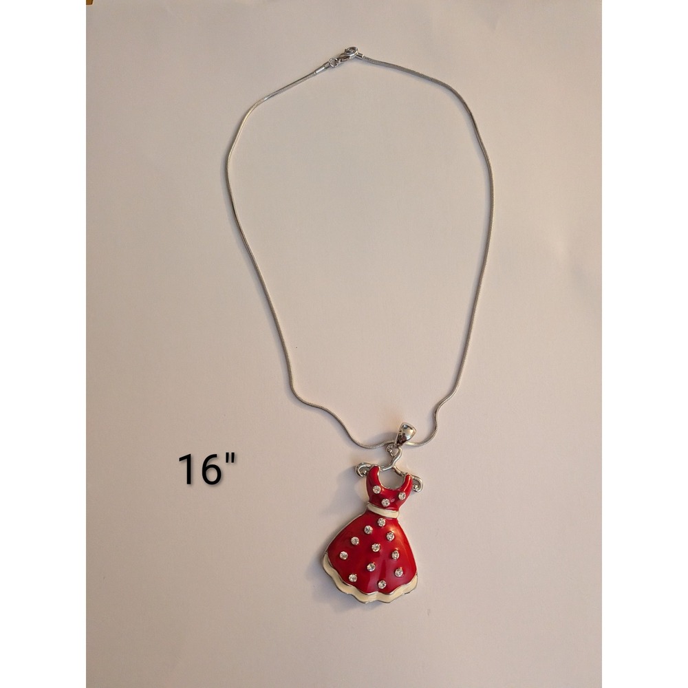Red Dress Pendant Necklace Silver Tone Polka Dot Rhinestone 16 Inch‎ Snake Chain